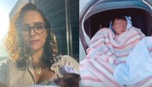 Mulher de Juliano Cazarré passeia com a filha pela primeira vez após alta do hospital