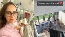 Mulher de Juliano Cazarré volta para casa após 5 meses no hospital com a filha