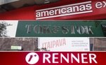 Letreiros de lojas das empresas varejistas em crise financeira: Americanas, Tok&Stok, Itaipava (Petrópolis) e Renner. Fotomontagem