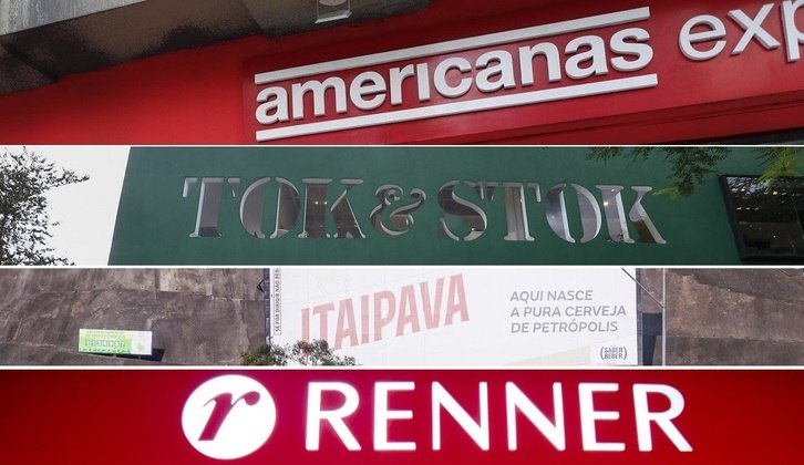 Letreiros de lojas das empresas varejistas em crise financeira: Americanas, Tok&Stok, Itaipava (Petrópolis) e Renner. Fotomontagem