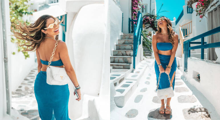 A cantora, inclusive, desfilou pelas ruas de Mykonos usando um acessório para lá de luxuoso: uma bolsa da grife italiana Prada, à venda no site da marca por R$ 24 mil