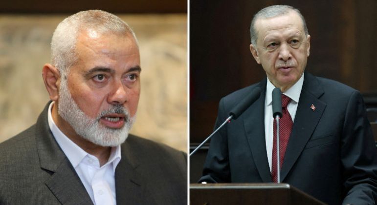 Erdogan (à dir.) deve receber o líder político do Hamas na capital turca, Ancara