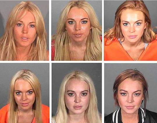 Lindsay Lohan - Em 2007, detida por dirigir drogada e, meses depois, por portar cocaína e dirigir alcoolizada, com carteira suspensa. Condenada a 3 anos de condicional. Em 2011, detida por roubo em joalheria. Em 2012, por agressão. Nas fotos, as várias prisões.
