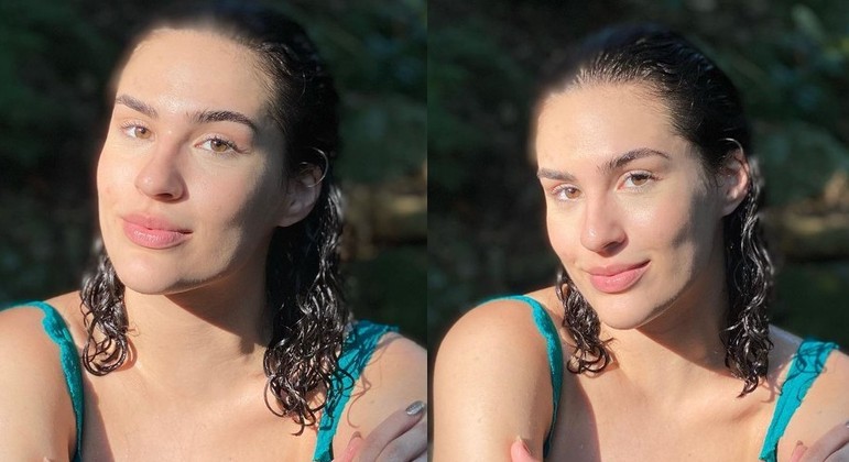 Lívian Aragão sem maquiagem após tomar banho de lago