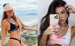 Liziane Gutierrez também adora peças nada básicas, como este conjunto de biquíni preto com modelagem diferentona e o maiô recortado bastante sensual, com estampa tie-dye