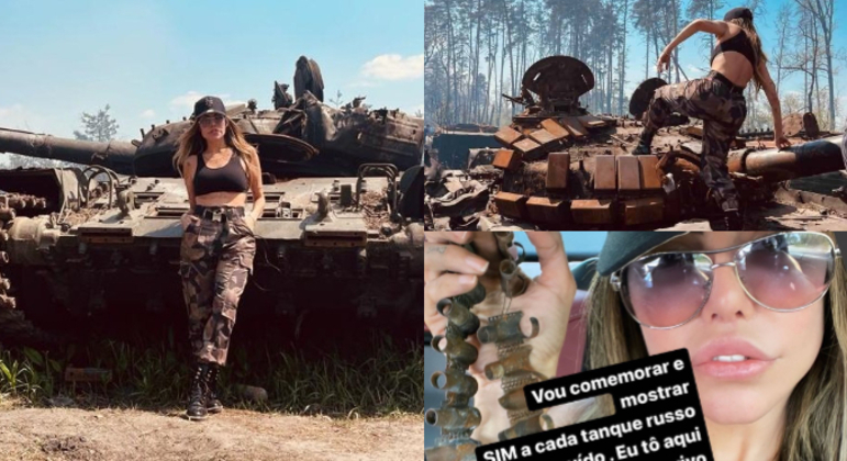 Liziane Gutierrez é criticada após posar em tanque de guerra, na Ucrânia
