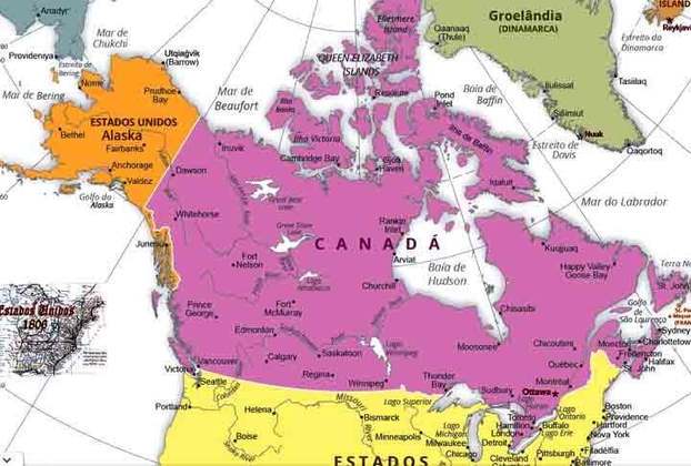 Localizado no extremo noroeste do continente americano, o Alasca - mesmo sendo um território dos EUA - fica acima do Canadá.