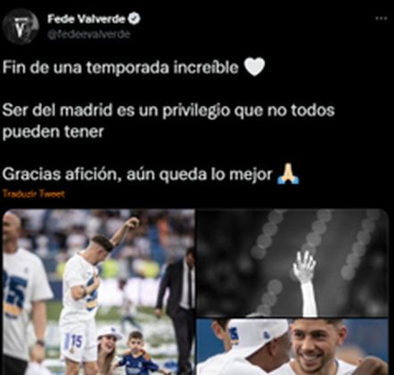 Logo após o anúncio oficial da renovação, Fede Valverde, meia do Real Madrid, postou no Twitter que jogar no Real Madrid não é um privilégio para todos.