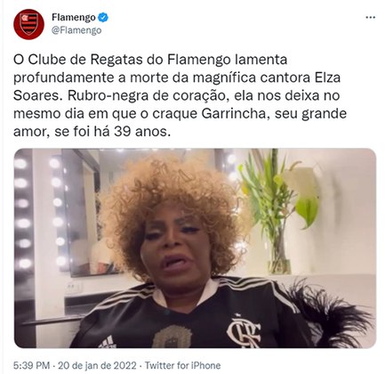 Logo que a notícia foi confirmada, o Flamengo, clube de coração da cantora, publicou uma mensagem nas redes sociais, lamentando a perda da artista e lembrando de Garrincha.