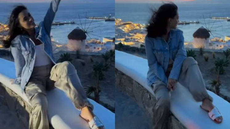 Durante a noite, com a temperatura mais amena e uma brisa refrescante, o visual ficou mais coberto. Bruna escolheu a combinação básica e certeira: calça clara, regata branca, jaqueta jeans e rasteirinha. Impossível errar 
