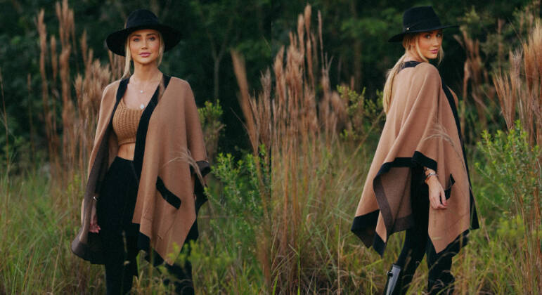 Voltando ao conceito básico, Ana elegeu um look preto e marrom para uma tarde no campo, com capa ampla e chapéu. 