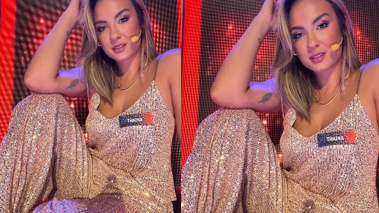 Iluminada! Thainá Cardoso chegou com tudo com um macacão dourado, que foi realçado pela maquiagem e acessórios. Um figurino totalmente trabalhado no brilho!