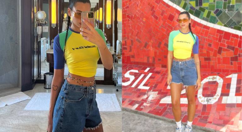 No Brasil, a inglesa de origem albanesa vestiu uma bermuda jeans com uma blusa com as cores da nossa bandeira. Em território nacional, ela se apresentou em um show eletrizante em São Paulo e foi a headliner do último dia de Rock in Rio, em setembro deste ano