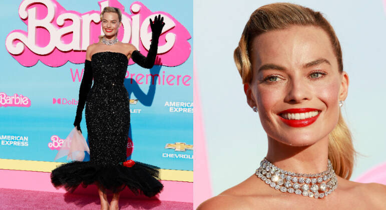 Seguindo o conceito de reproduzir looks de versões reais da boneca, Margot Robbie surgiu em um vestido de gala deslumbrante inspirado na Barbie da coleção Solo in the Spotlight, dos anos 1960. O modelo é assinado por Daniel Roseberry, diretor criativo da grife Schiaparelli. Toda a peça é bordada em paetês, com várias camadas de tule e uma única rosa, pintada à mão