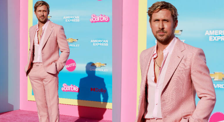 Um dos Ken, Ryan Gosling desfilou um modelito rosa-claro dos pés à cabeça. O ator deixou o peitoral à mostra e um dos detalhes que chamaram a atenção do público foi o colar escolhido, um cordão com pingente com a letra 