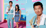 Também intérprete do boneco Ken, Simu Liu chegou ao evento com sua namorada, Allison Hsu. O ator vestiu um look Versace azul-bebê, da collab da marca com a cantora Dua Lipa