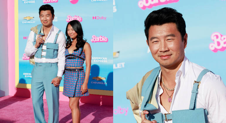 Também intérprete do boneco Ken, Simu Liu chegou ao evento com sua namorada, Allison Hsu. O ator vestiu um look Versace azul-bebê, da collab da marca com a cantora Dua Lipa