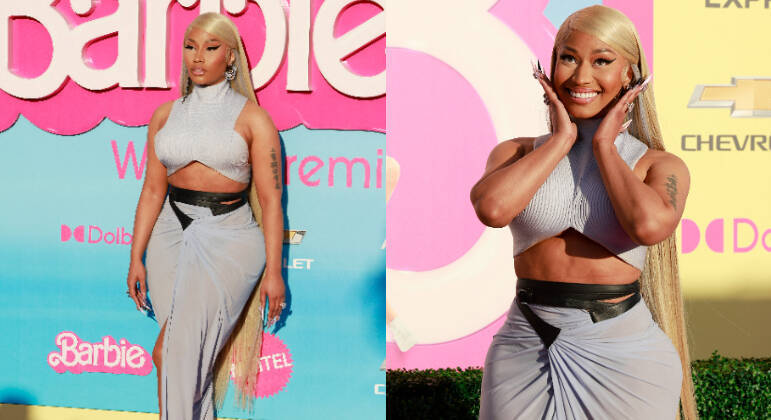 A rapper Nicki Minaj, que faz parte da trilha sonora do filme com o remix Barbie World, elegeu um look bem justo cinza, que valorizou suas curvas, e uma peruca lace wig, com fios quase até o chão. 