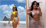 Larissa Santos apostou em um conjunto de biquíni amarelo neon para aproveitar a tarde de sol por lá na quinta-feira (12). Já à noite, para uma das festas, ela usou um look todo prateado, composto de biquíni e saia de tecido arrastão