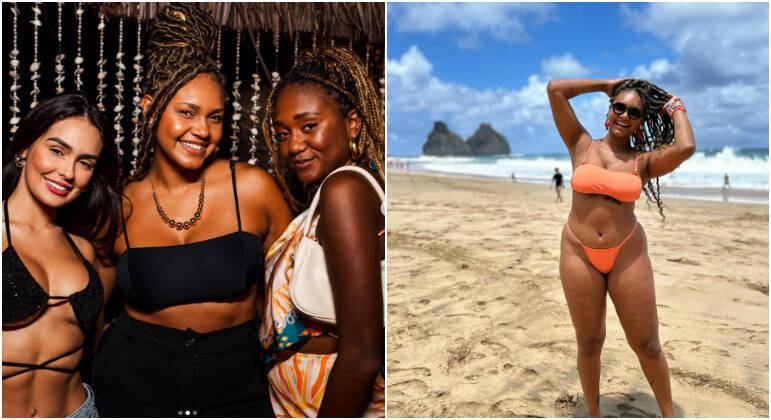 Jessilane Alves apostou em um conjunto preto básico porém charmoso para curtir a primeira noite em Noronha. Já Larissa optou por um biquíni preto brilhante e todo entrelaçado na barriga, combinado com uma minissaia jeans. E Sarah Aline investiu em um conjunto colorido e todo estampado
