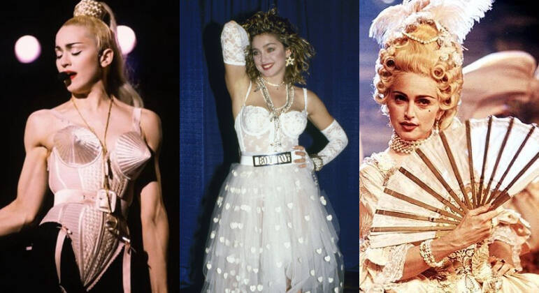 Madonna completou 65 anos nesta quarta-feira (16) e, para celebrar, o R7 separou alguns dos looks mais icônicos usados pela 'rainha do pop' ao longo dos 40 anos de carreira. A cantora virou símbolo não só musical, mas cultural de várias gerações e os impactos do pioneirismo da loira podem ser observados até os dias atuais. Do sutiã pontudo ao vestido de noiva, confira os melhores looks abaixo: