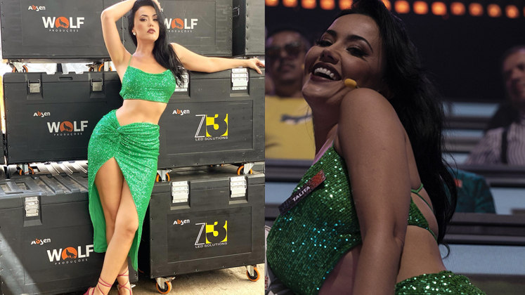 Já Talita Dias apostou em look para favorecer as curvas! A jurada escolheu um cropped e saia sereia com fenda na cor verde. Uma sereia no painel!