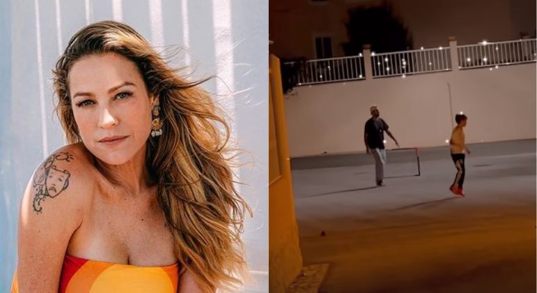 Luana Piovani mostra filho jogando futebol com Pedro Scooby