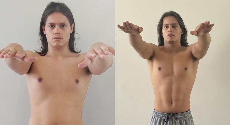 Lucas Cardi Rangel antes e depois de começar a malhar