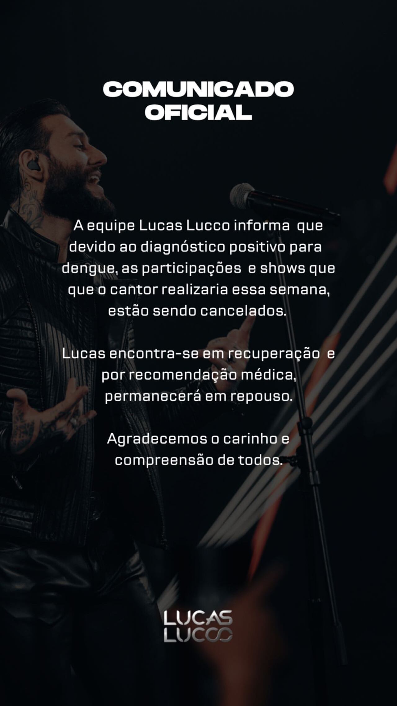 Comunicado da equipe de Lucas Lucco
