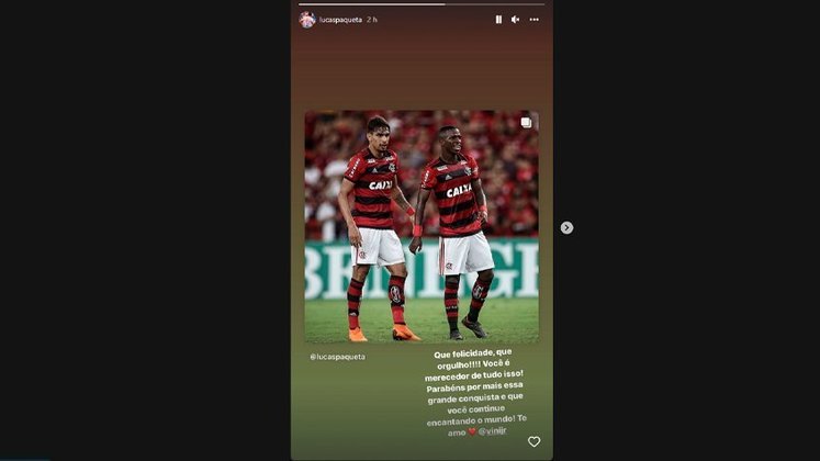 Lucas Paquetá, que também foi revelado no Flamengo, postou uma foto de quando os dois jogavam juntos. 