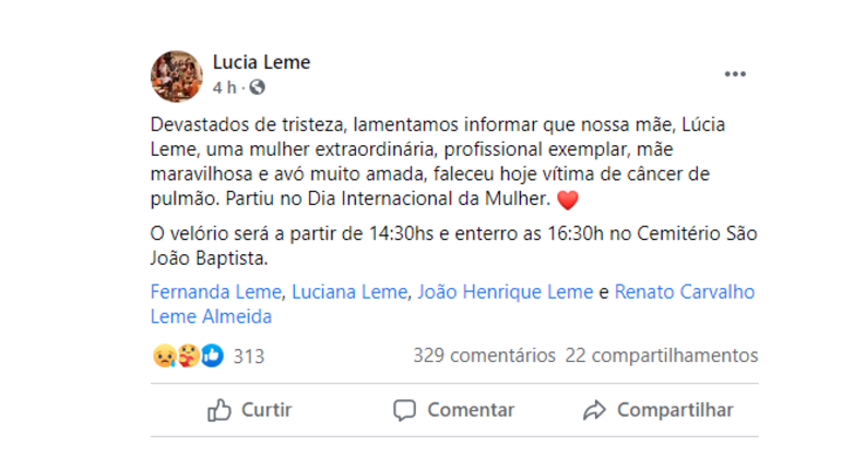 Texto publicado pelos filhos de Lúcia Leme em uma rede social