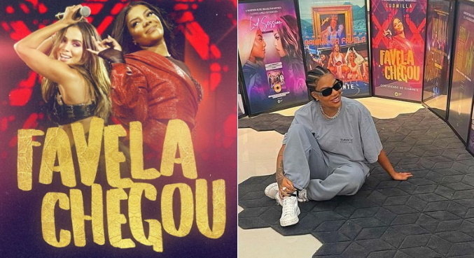 Capa original de 'Favela Chegou' à esquerda e versão sem Anitta à direita, no fundo