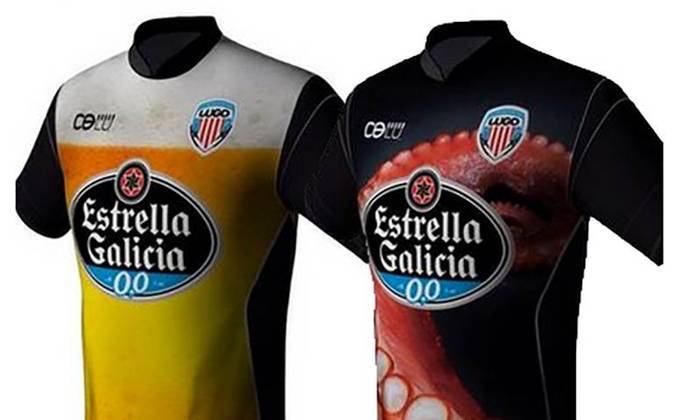 Lugo - Espanha - O clube assumiu de forma escancarada o patrocínio e botou um baita chope na camisa. Espumante. E o uniforme do goleiro ainda ganhou tentáculos de um polvo. 