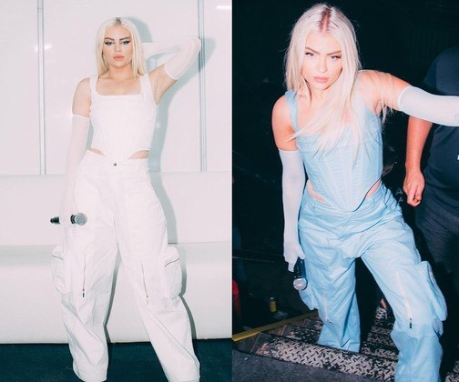 Nos seus shows mais recentes, a artista tem usado repetidamente a combinação de espartilho, calça larga e luvas. Ela sempre monta looks monocromáticos. Em relação à maquiagem, os olhos são bem marcados pelo uso de delineador e sobra, em contraste com a boca, pintada de tons neutros