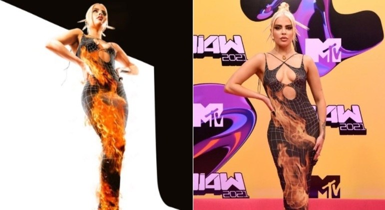 O modelito usado por Sonza no MTV Miaw 2021 deu o que falar. O vestido que parece estar em chamas é também do designer Sergio Castaño Peña 