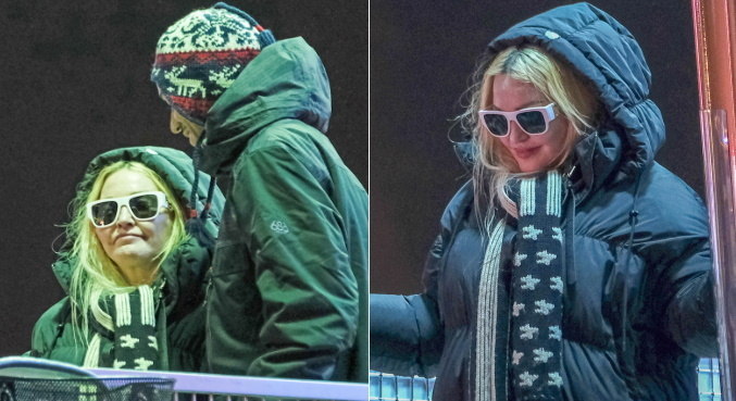 Madonna e o namorado com roupas especiais para enfrentar o frio de Londres
