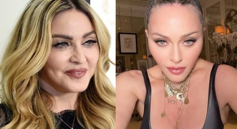 Madonna em 2021 (à esq.) e neste ano, nas redes sociais