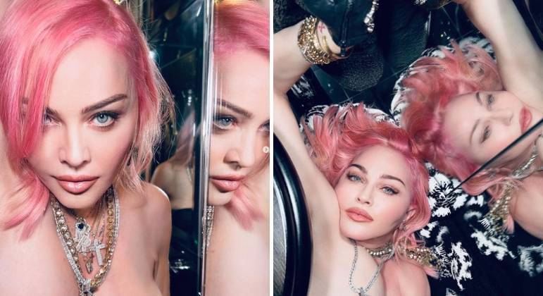 A cantora pop Madonna apareceu hoje mais jovem do que nunca com cabelo rosa e carão