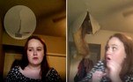 Uma mãe foi flagrado caindo do teto da casa onde vive, na cidade de Nova York, enquanto a filha praticava canto com a webcam ligada