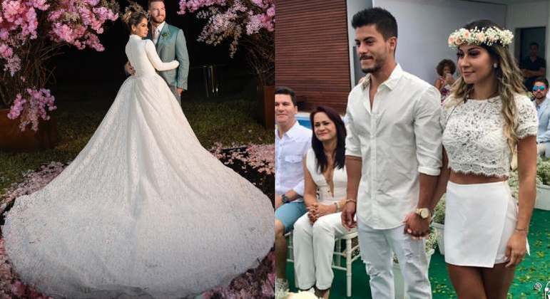 Maíra Cardi em seu casamento com Thiago Nigro e, no anterior, com Arthur Aguiar: looks bem diferentes