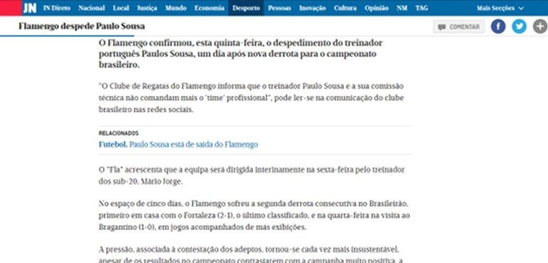 Mais um que noticiou a saída de Paulo Sousa do Flamengo foi o jornal JN, também de Portugal.
