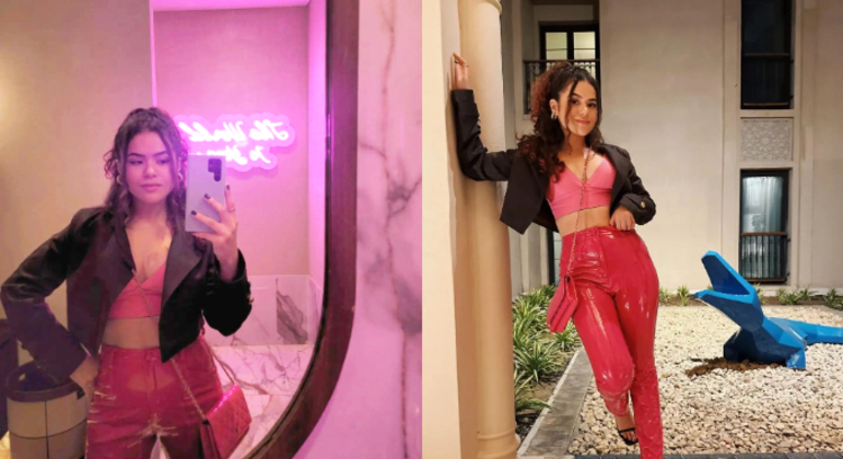Em Dubai, a atriz esbanjou beleza ao visitar um resort. Ela publicou algumas fotos com um look rosa, ao lado de um jacarezinho de decoração que tinha no local. 