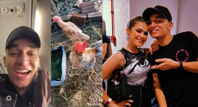 João Gomes se diverte com galo e galinha com nome dele e de Maisa