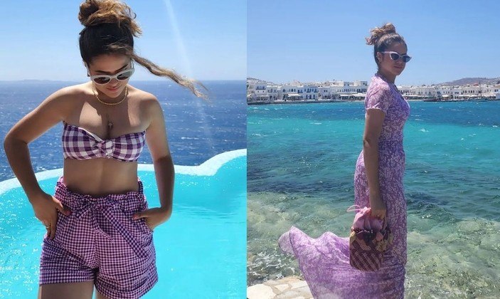 Maisa Silva curtiu dias de férias na ilha de Mykonos, na Grécia, em meados de julho, e a cor lavanda marcou os looks dela durante a viagem. Um dos biquínis escolhidos pela apresentadora tinha estampa xadrez — outra tendência do momento — nas cores lilás e branco. Outros destaques foram um vestido super-romântico, de barra esvoaçante, e uma bolsa de crochê que também tinha detalhes da cor do momento