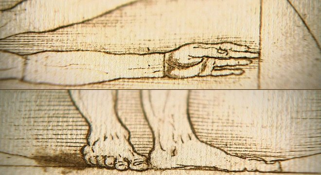 Mão tocando o lado do quadrado e os pés na base do círculo e do quadrado