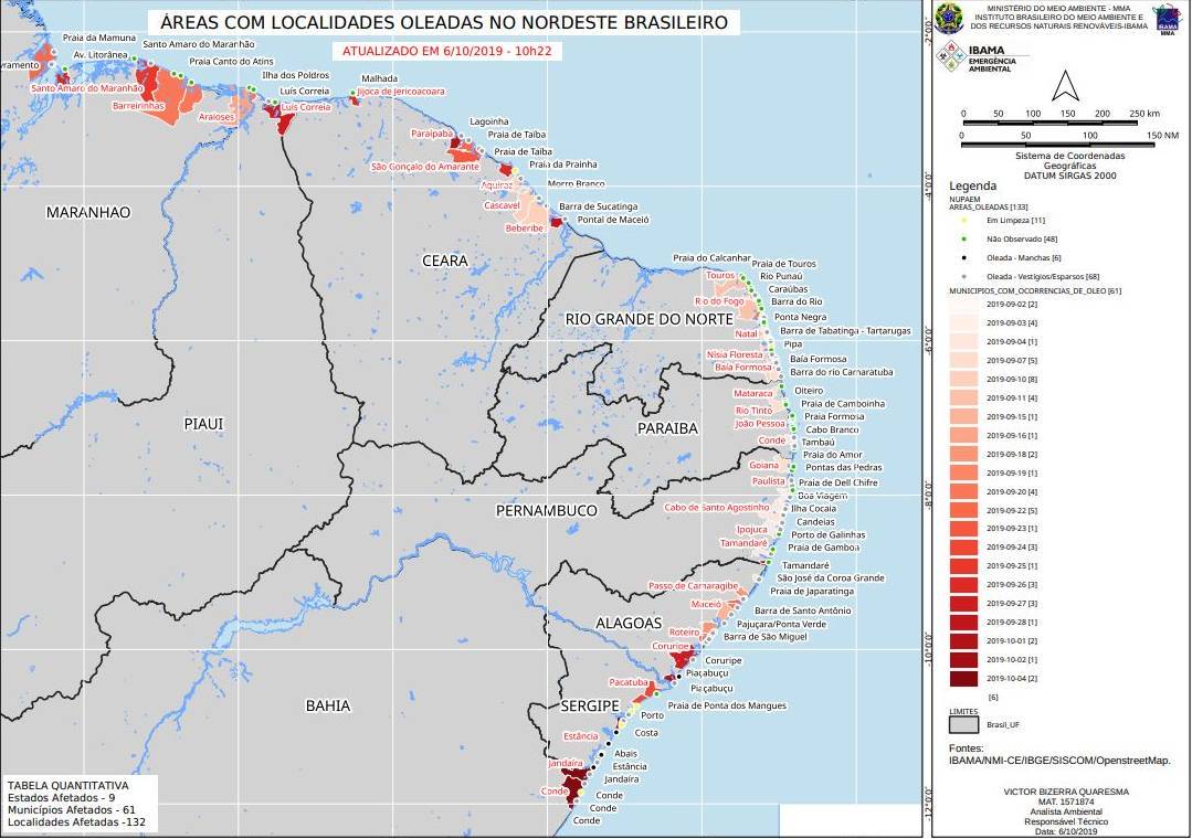  Mapa mostra áreas atingidas por petróleo no Nordeste brasileiro<br /><br />
