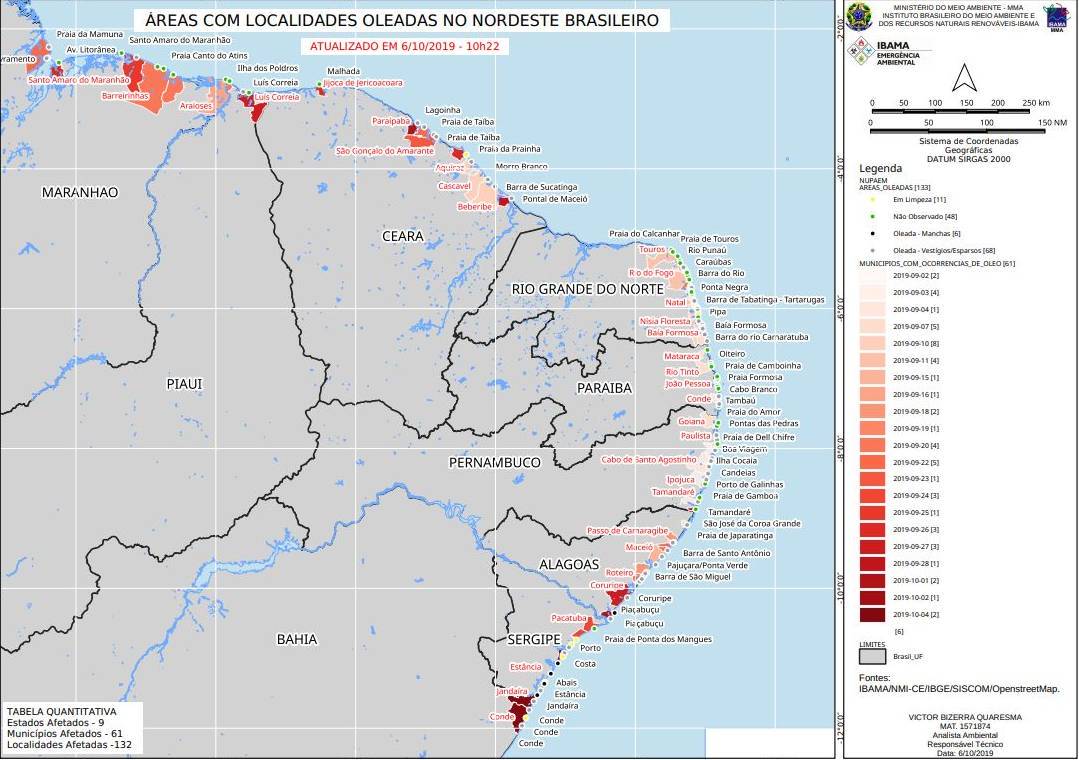  Mapa mostra áreas atingidas por petróleo no Nordeste brasileiro
<br />
<br />