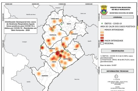 Áreas em vermelho mostram concentrações de casos 