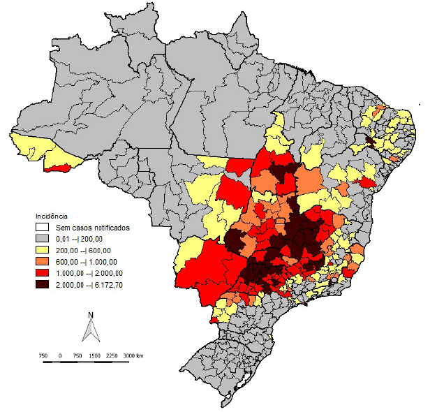 Mapa mostra áreas com até 6.172 casos de dengue por 100 mil habitantes