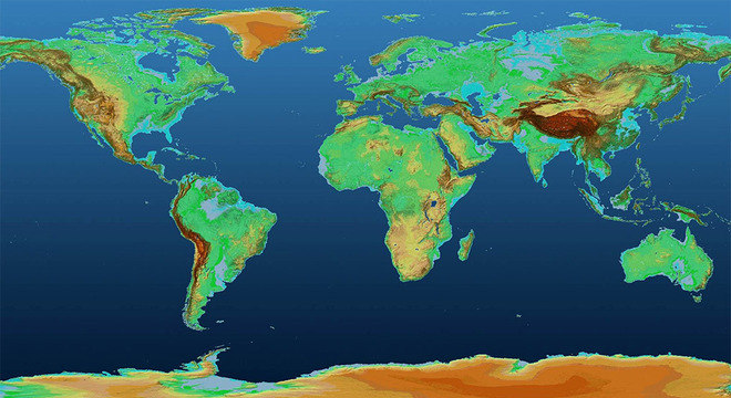 O mapa mostra variações de altitude na superfície terrestre ao longo de mais de 148 milhões de km² 